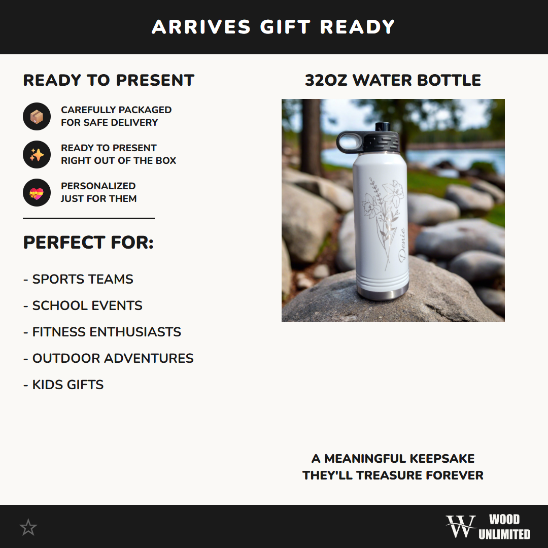 Personalized Birth Flower Water Bottle | Personalized 32oz Birth Flower Gym Bottle With Name | Birth Flower Gifts for Her