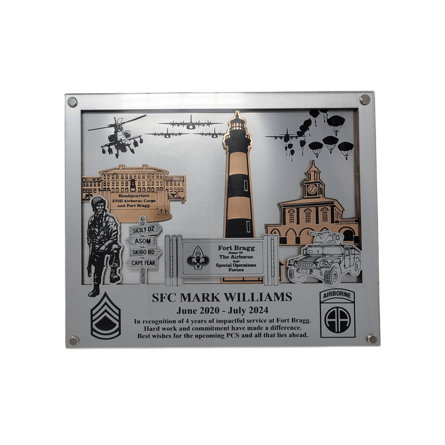 Decorative plaque with military-themed elements and text on a wooden surface. Fort Bragg, Army PCS Gift for Fort Bragg, Fort Liberty PCS Gift