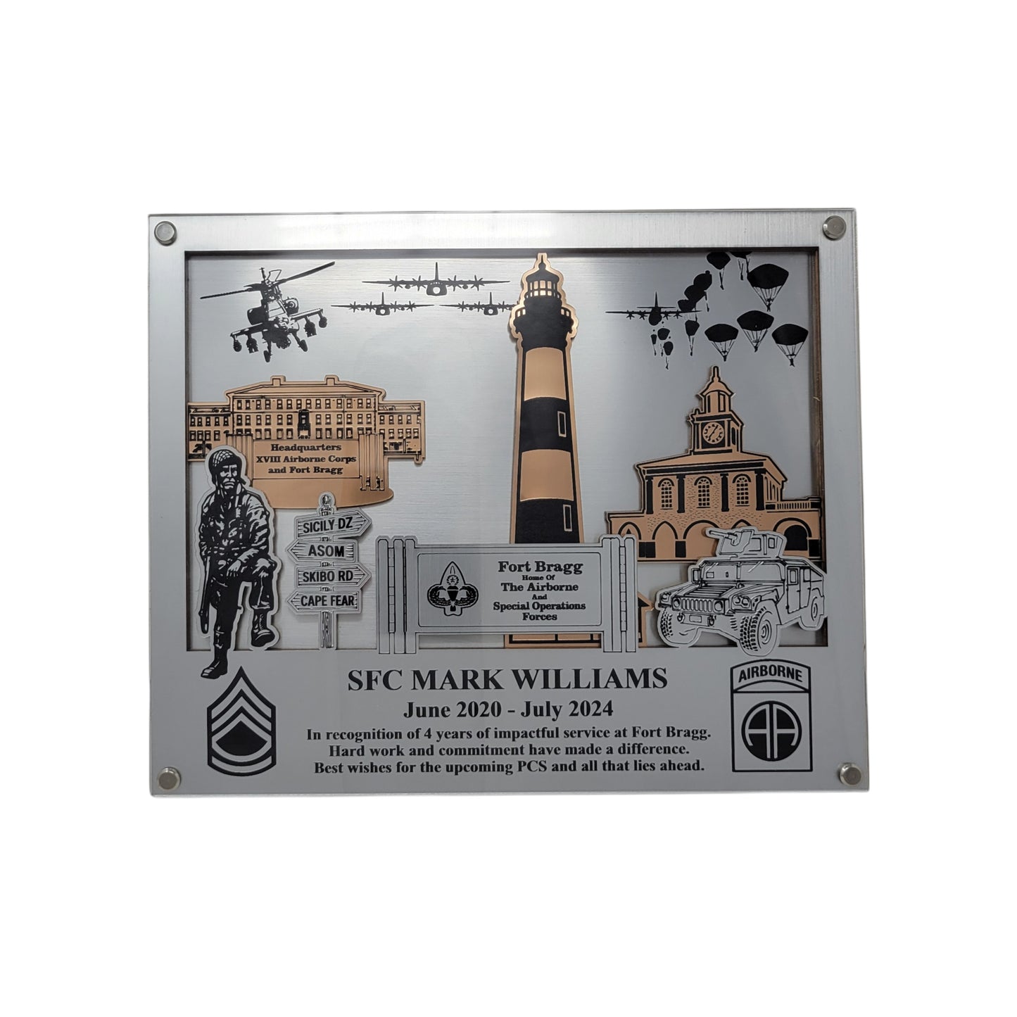 Decorative plaque with military-themed elements and text on a wooden surface. Fort Bragg, Army PCS Gift for Fort Bragg, Fort Liberty PCS Gift