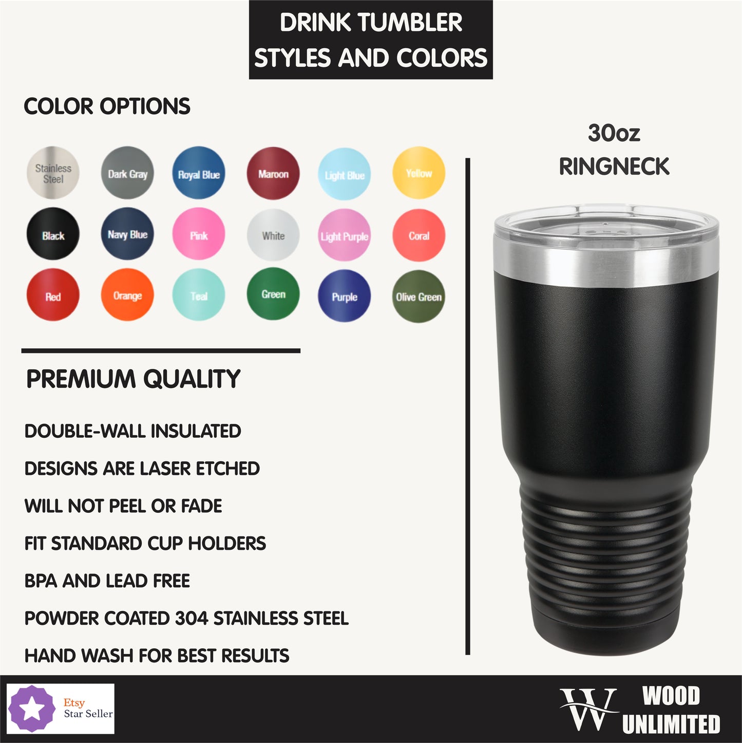 Black drink tumbler with color options and product details on a white background
