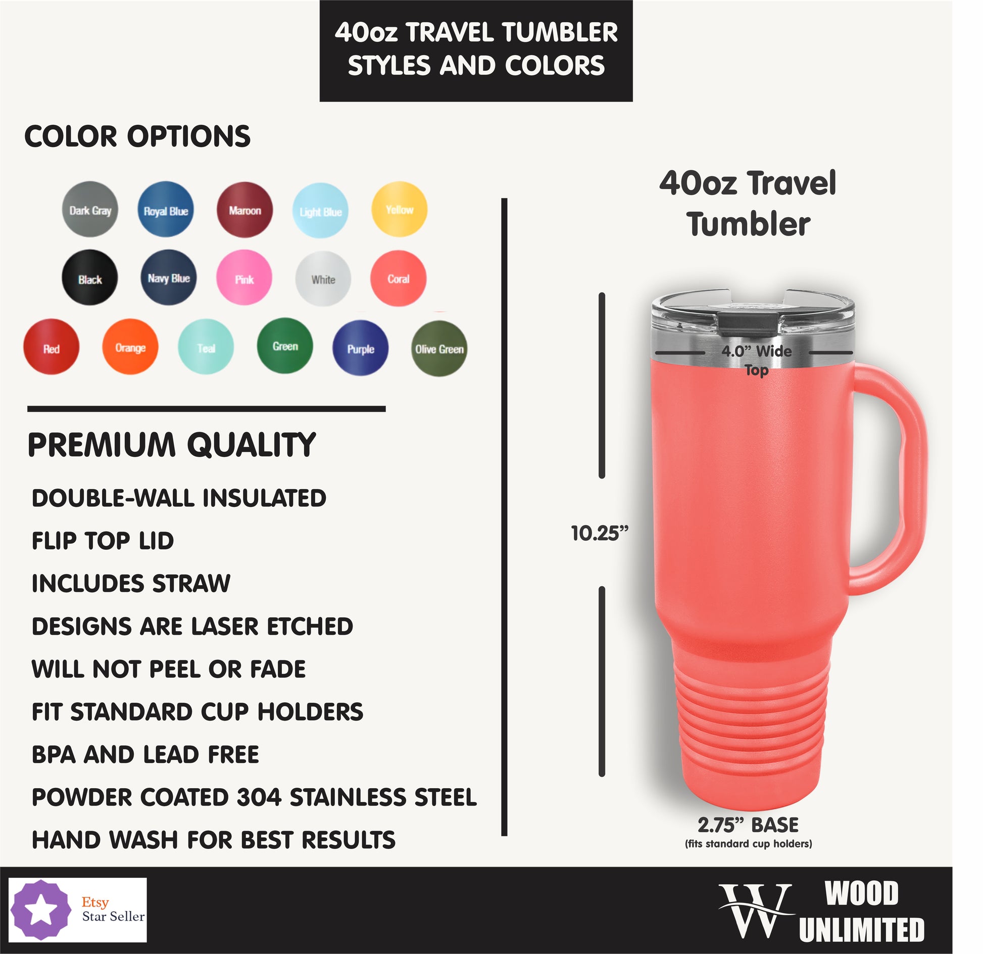40oz travel tumbler with color options and product details on a white background