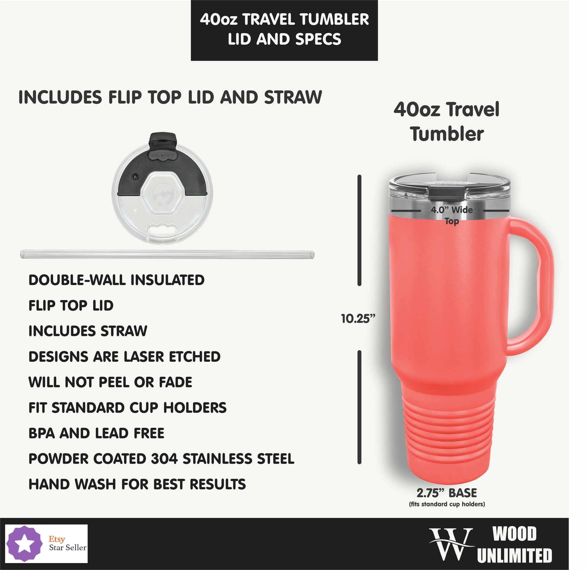40oz travel tumbler with flip top lid and straw, including specifications and features.
