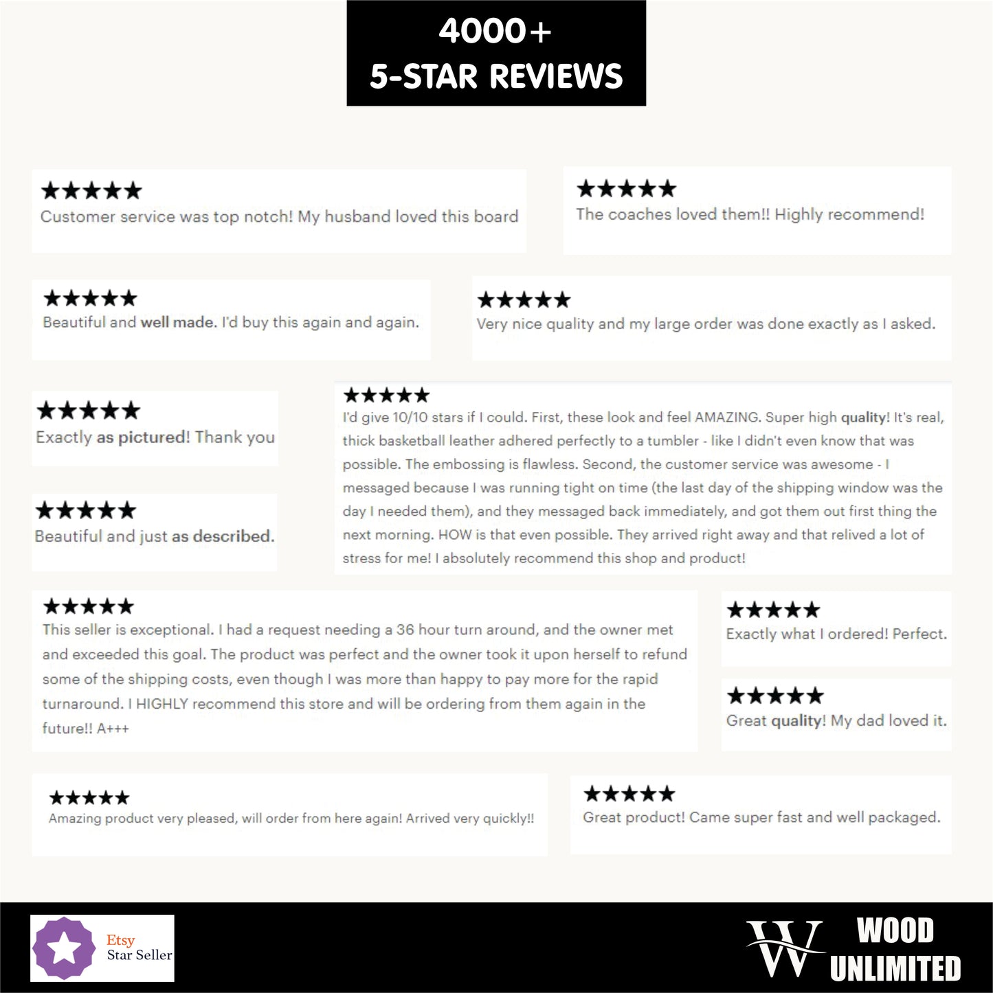 5-star reviews for Wood Unlimited with a black and white color scheme.