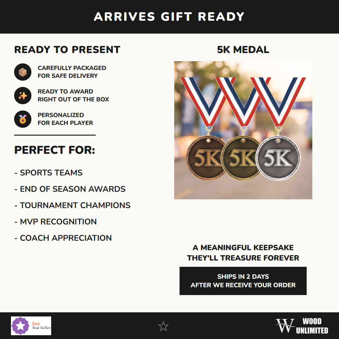 Personalized 5K Medals with Neck Ribbon - Gold Silver Bronze - Custom Engraved