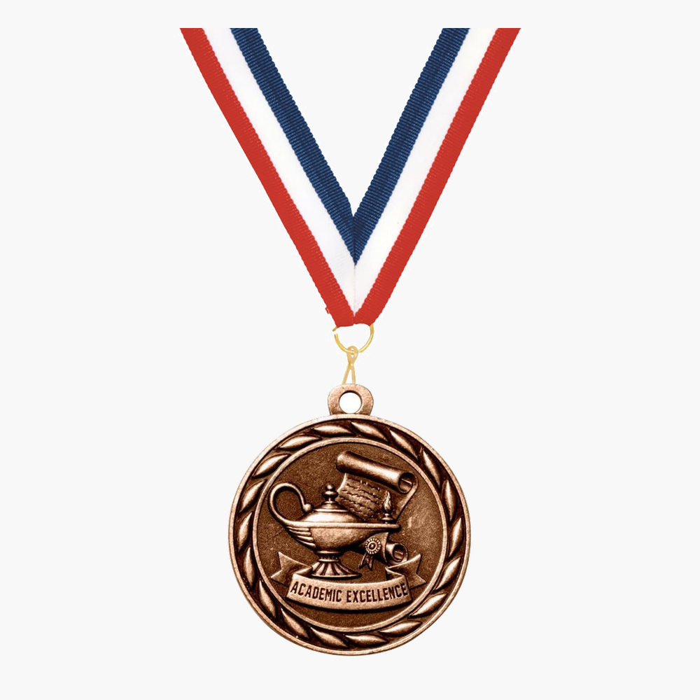 Personalized academic excellence medals with neck ribbon in bronze finish, a popular option for custom medals and sports medals shoppers