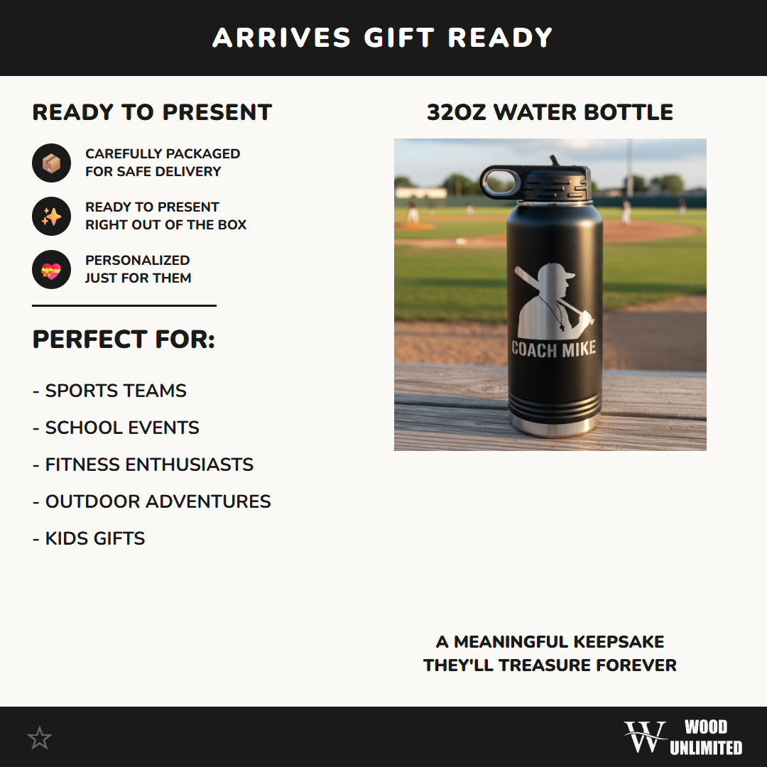 Coach Mike Baseball Coach Water Bottle - Personalized Team Gift - Laser Engraved Stainless Steel - 32oz Hydration