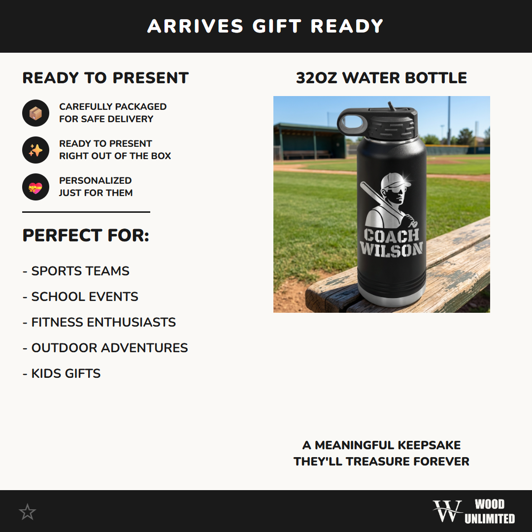 Personalized Baseball Coach Gift Water Bottle - End of Season Thank You - Laser Engraved - Custom Name