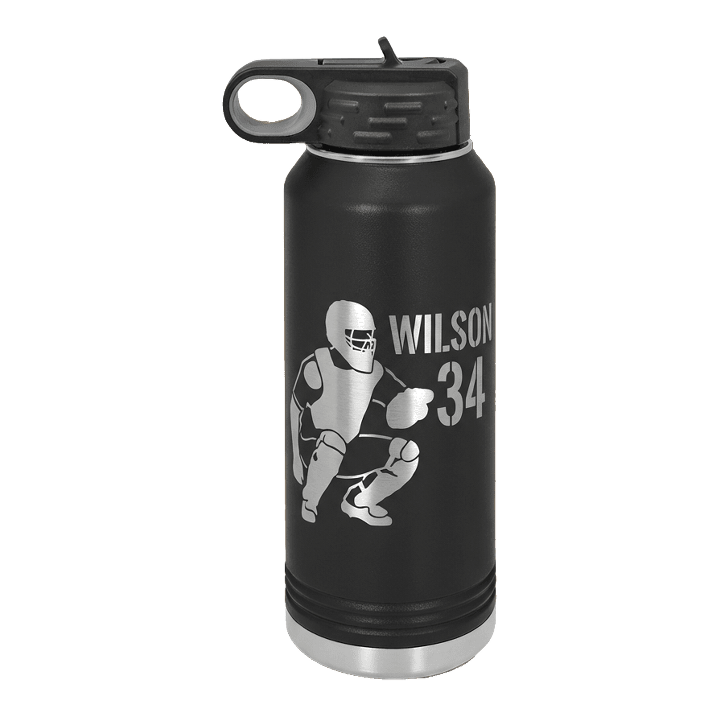 Personalized Baseball Catcher Gift Water Bottle - End of Season Team Present - Laser Engraved Custom Name Number - Durable 32oz