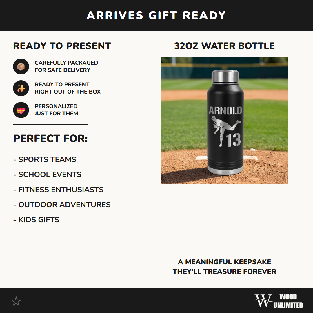 Personalized Baseball Pitcher Water Bottle - Custom Player Gift - Laser Engraved Hydration Bottle - Durable Sports Drinkware