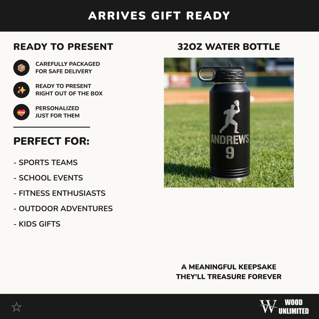 Personalized Baseball Player Water Bottle Gift - Custom Team End of Season Gift - Laser Engraved 32oz Hydration Bottle - Name & Number