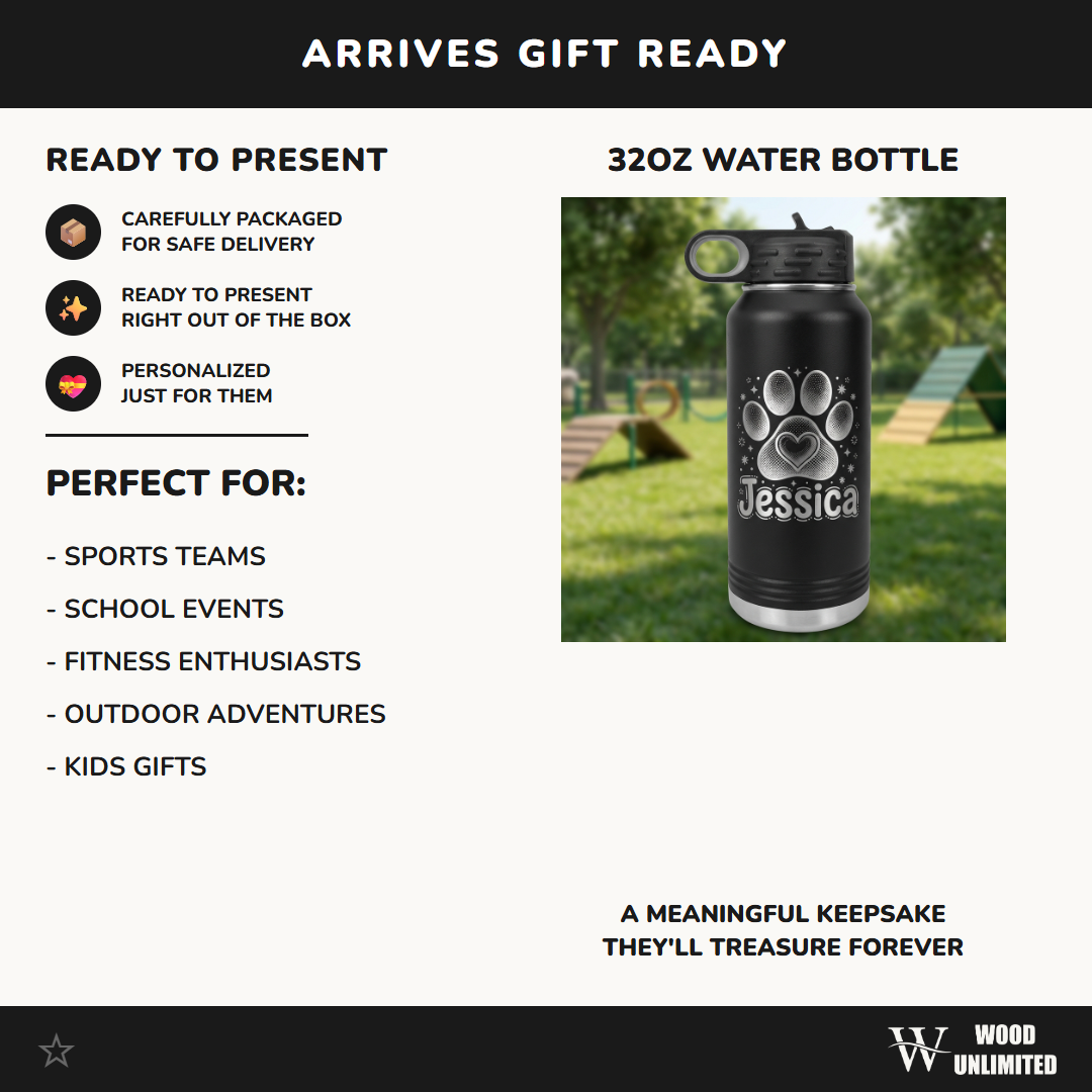 Personalized Dog Lover Gift Water Bottle - Custom Paw Print Heart Engraved - Durable 32oz Insulated Pet Owner - Dog Mom Gift