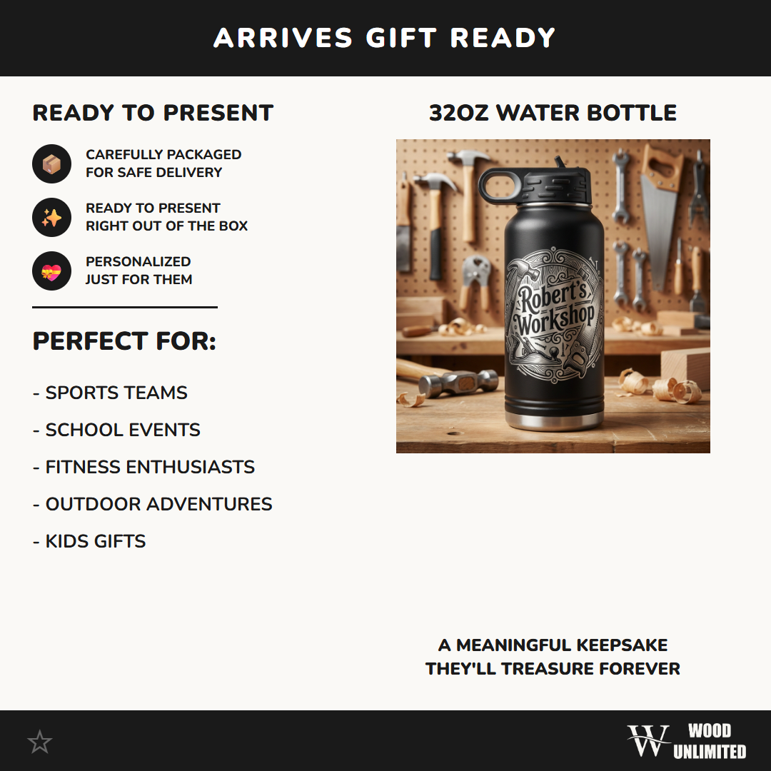 Personalized Woodworking Gift Water Bottle - Craftsman Engraved Tumbler - Handyman Dad Gift - Custom Workshop Name