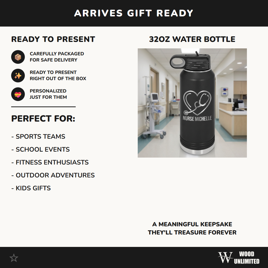 Personalized Nurse Water Bottle Gift - Nursing School Graduation Thank You - Custom Stethoscope Heart Laser Engraved 32oz