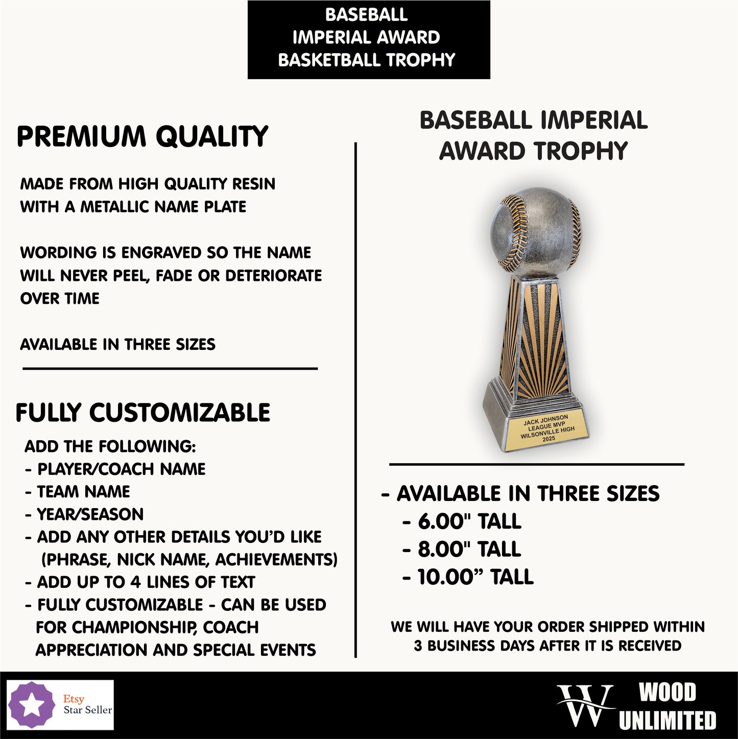 Personalized Baseball Award, Baseball Trophy, Custom Baseball or Softball Imperial Resin Award for Baseball Teams and Players