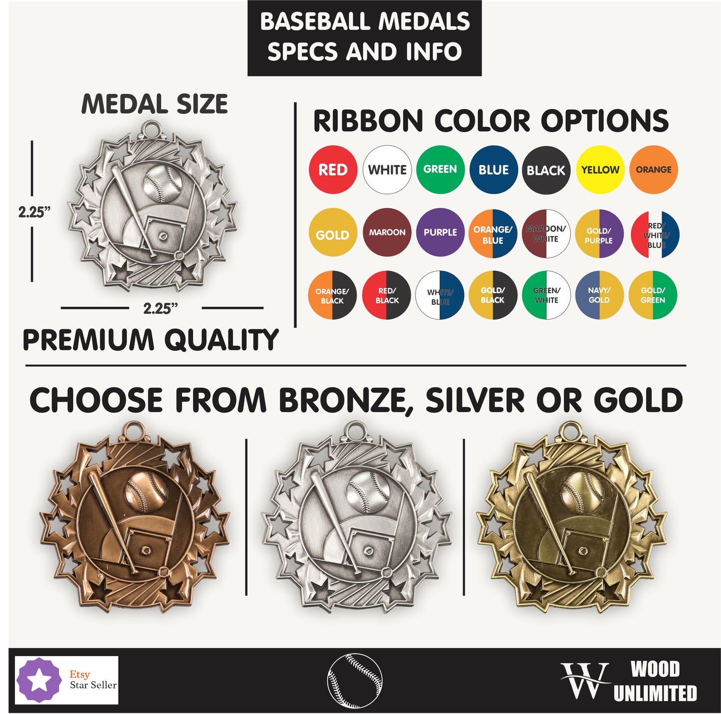 2 1/4" Antique Bronze, Silver or Gold Baseball/Softball Ten Star Medal