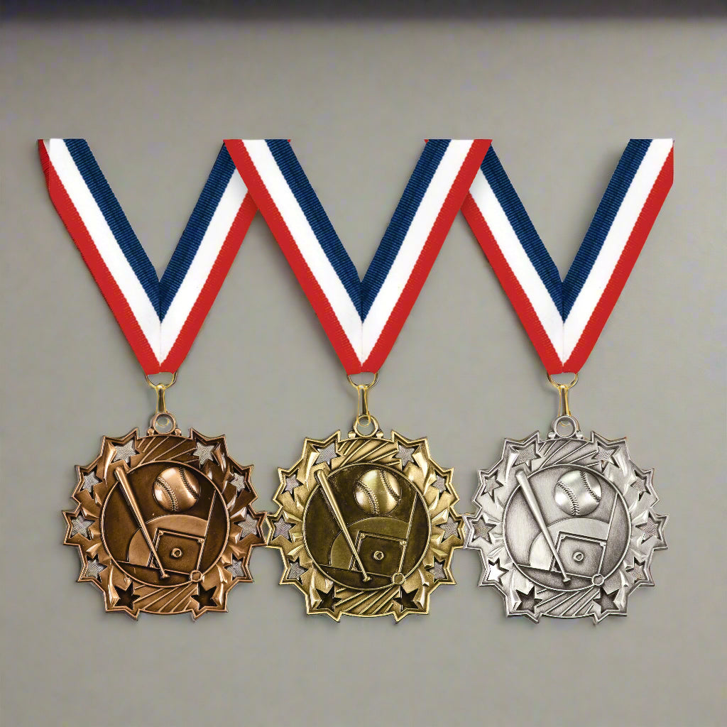2 1/4" Antique Bronze, Silver or Gold Baseball/Softball Ten Star Medal