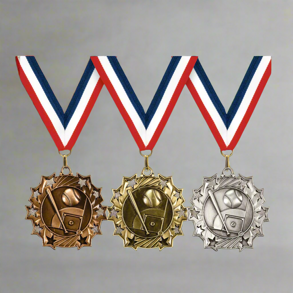 2 1/4" Antique Bronze, Silver or Gold Baseball/Softball Ten Star Medal