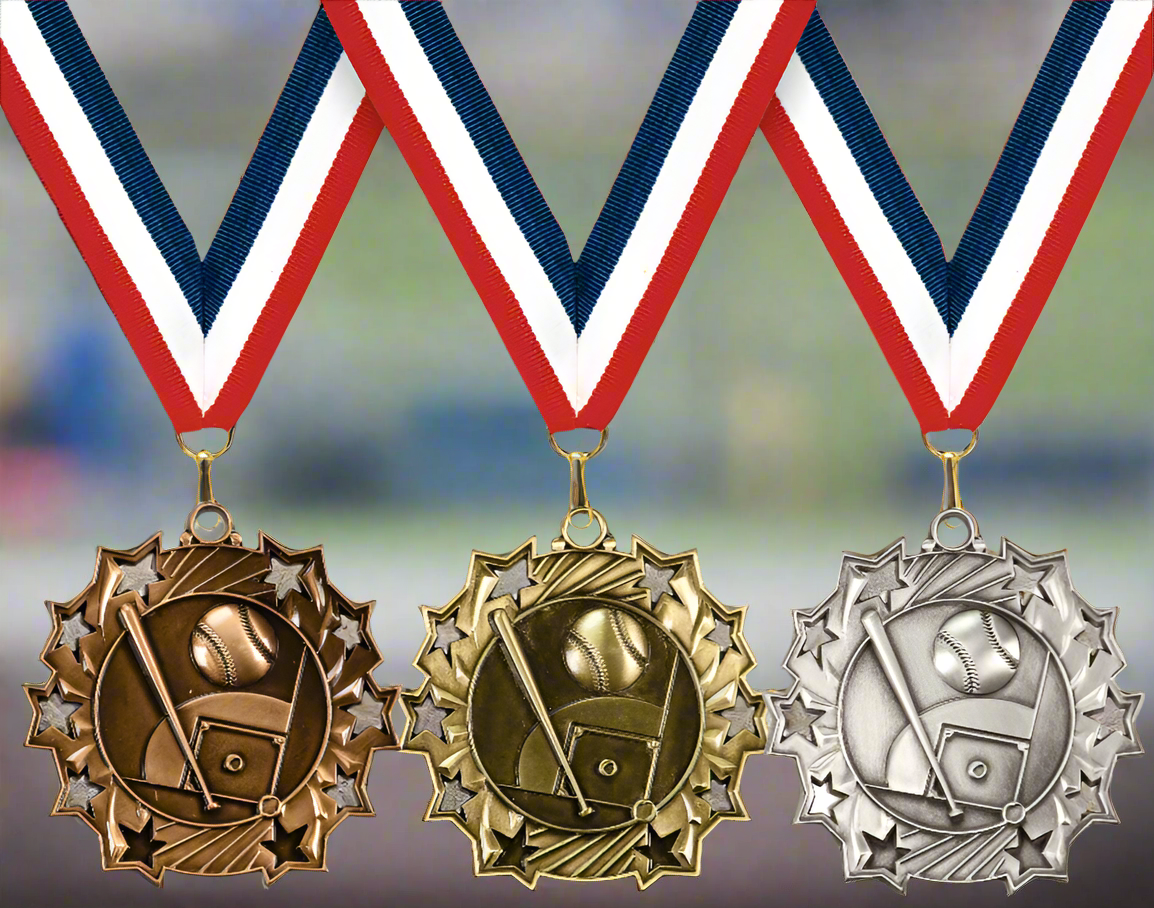 2 1/4" Antique Bronze, Silver or Gold Baseball/Softball Ten Star Medal