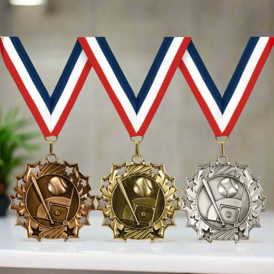 2 1/4" Antique Bronze, Silver or Gold Baseball/Softball Ten Star Medal