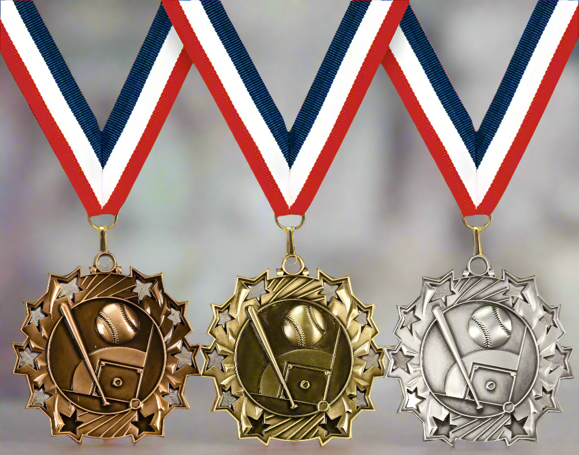 2 1/4" Antique Bronze, Silver or Gold Baseball/Softball Ten Star Medal