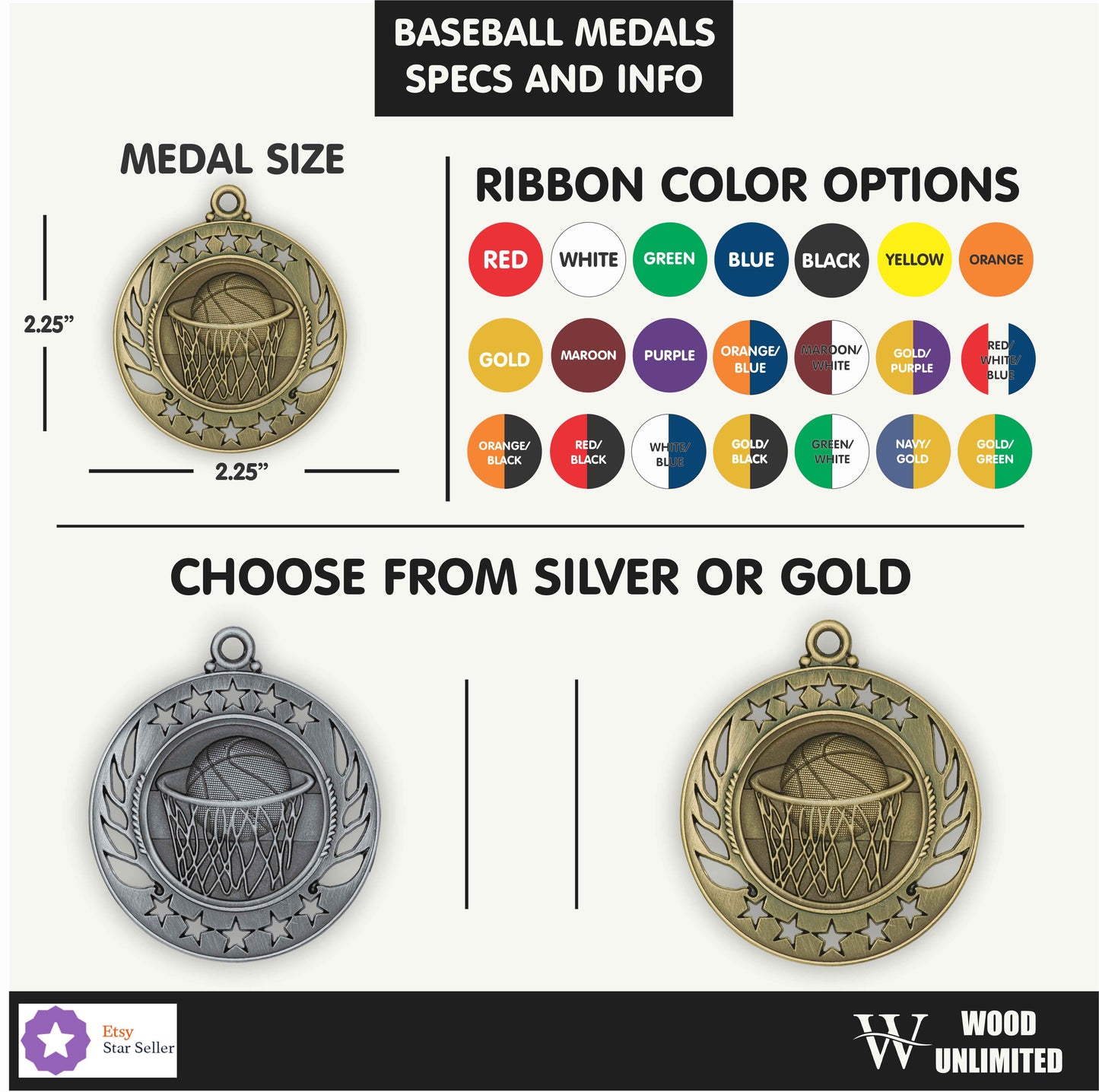 2 1/4" Antique Bronze, Silver or Gold Basketball Award Medal