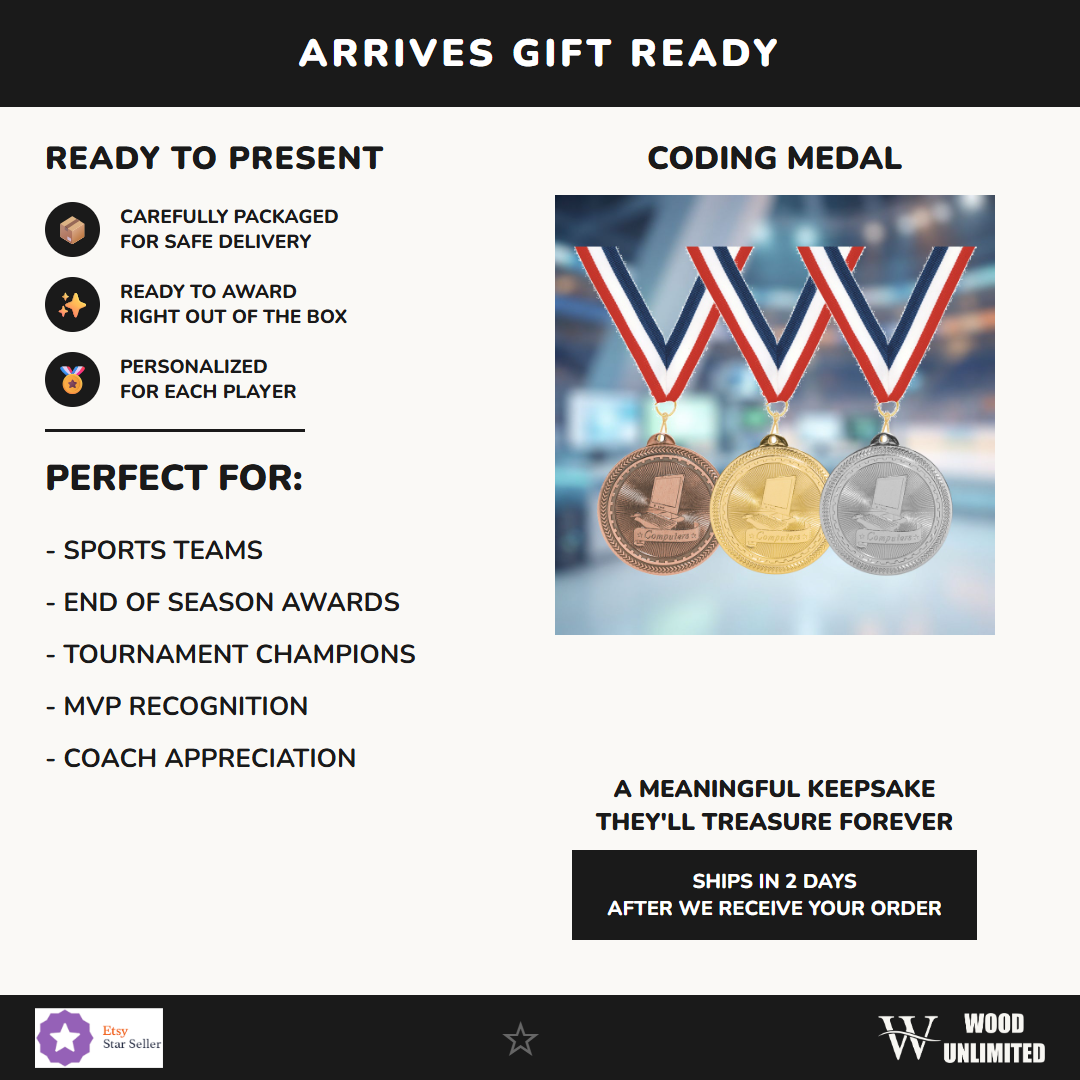 Personalized Coding Medals with Neck Ribbon - Gold Silver Bronze - Custom Engraved