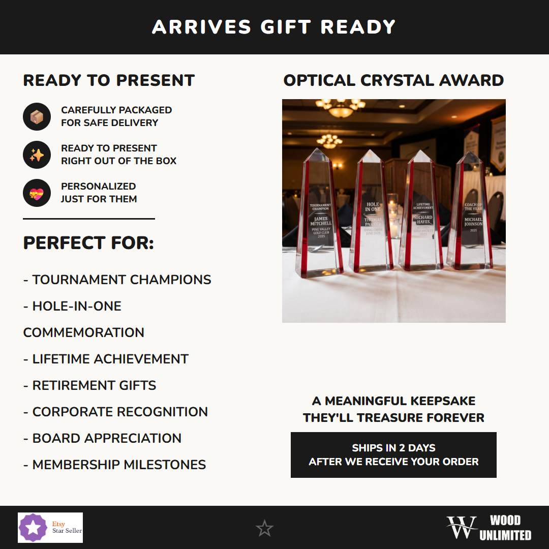 Gift-ready presentation of a personalized Golf Award award in optical crystal, ready to ship for recognition gifting — featuring personalized coach appreciation gift, a popular choice for Tournament organizers for Hole-in-one celebrations