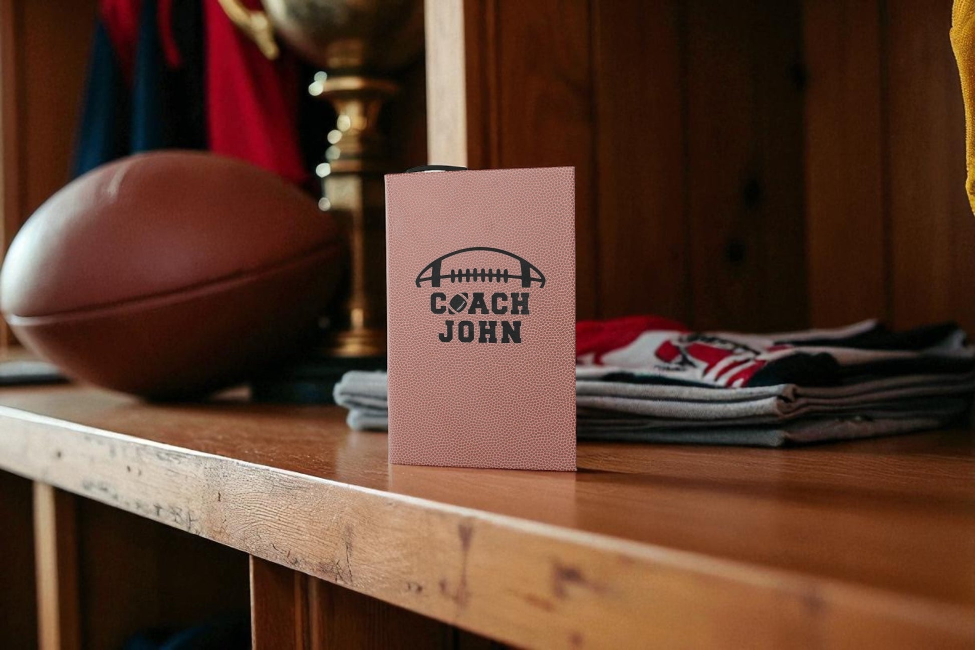 This personalized football coach gift box is the best end-of-season football coach gift from team—perfect for senior night, football banquet coach award, or a coach thank-you gift with name and year.
WHAT’S INCLUDED (choose in dropdown)
FULL GIFT BOX: engraved 20oz double-wall stainless tumbler wrapped in football leather + leatherette journal (5.25" × 8.25", 112 lined pages, black satin bookmark) + leather-bound pen (black ink) + football leather keychain
TUMBLER ONLY (no gift box) – custom team logo co