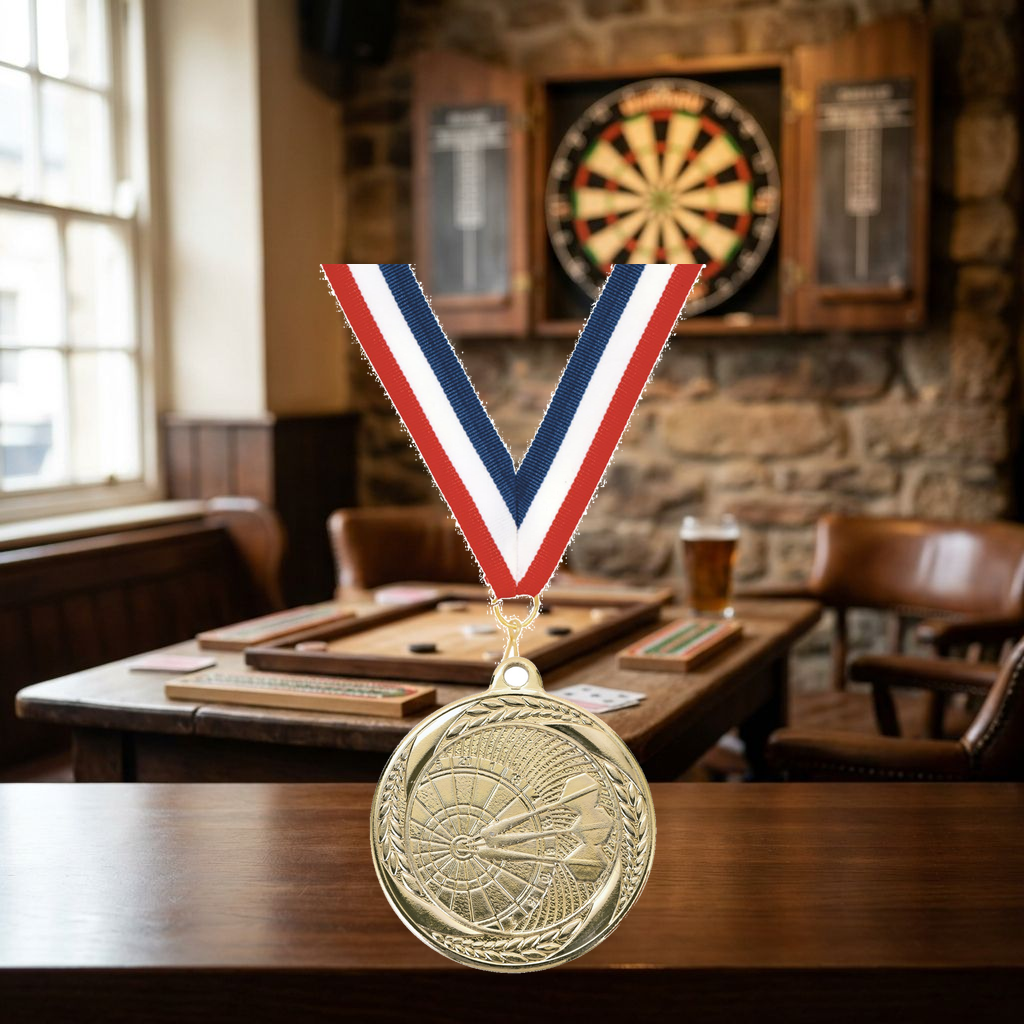 Personalized Darts Medals with Neck Ribbon - Gold Silver Bronze - Custom Engraved