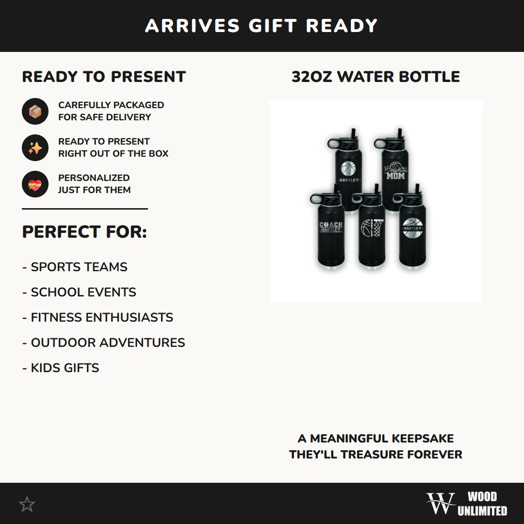 Personalized Basketball Water Bottles - Custom Engraved 32oz Stainless Steel Bottle for Basketball Players and Basketball Coaches