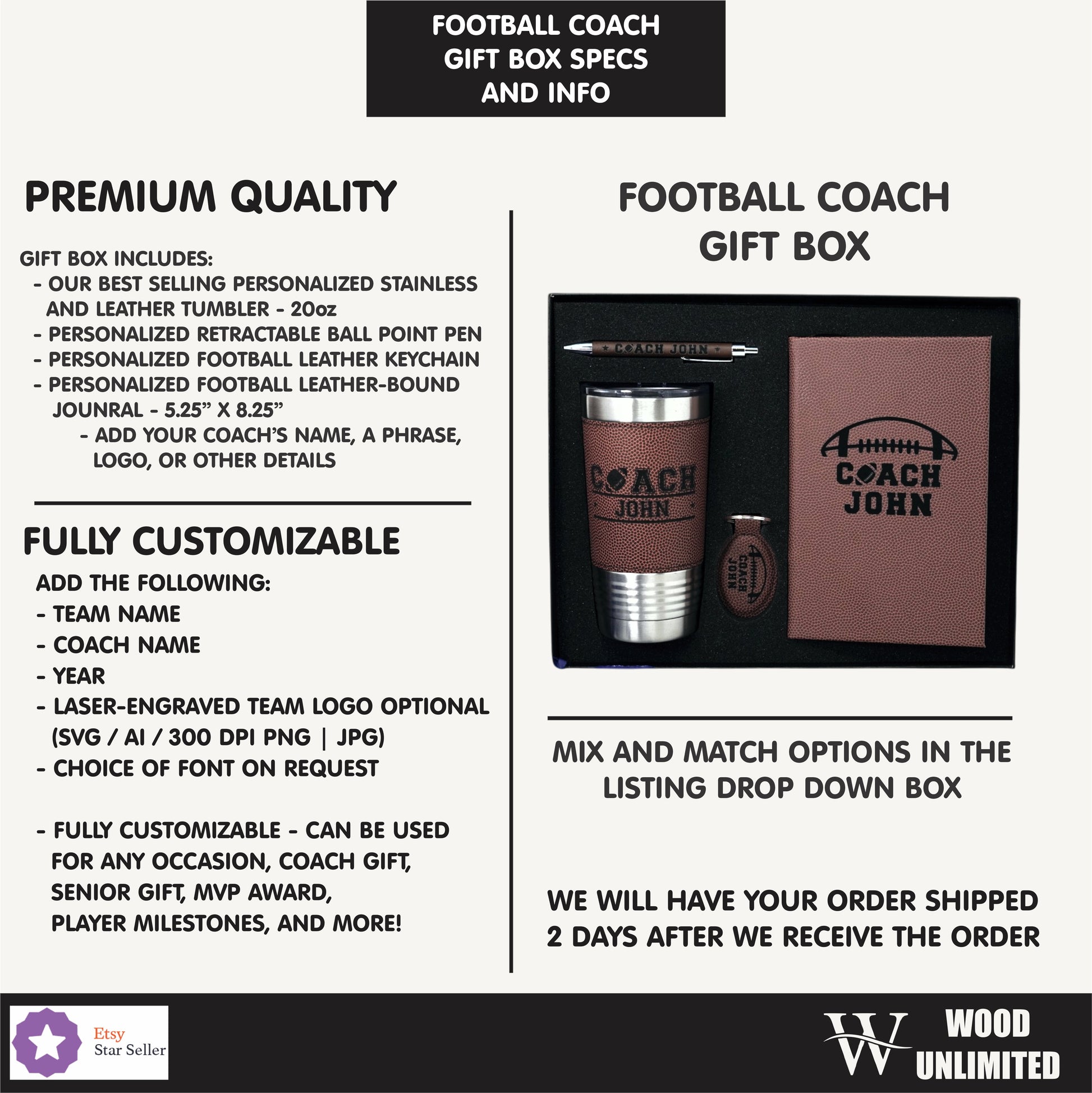 Football coach gift box with customizable options on a white background