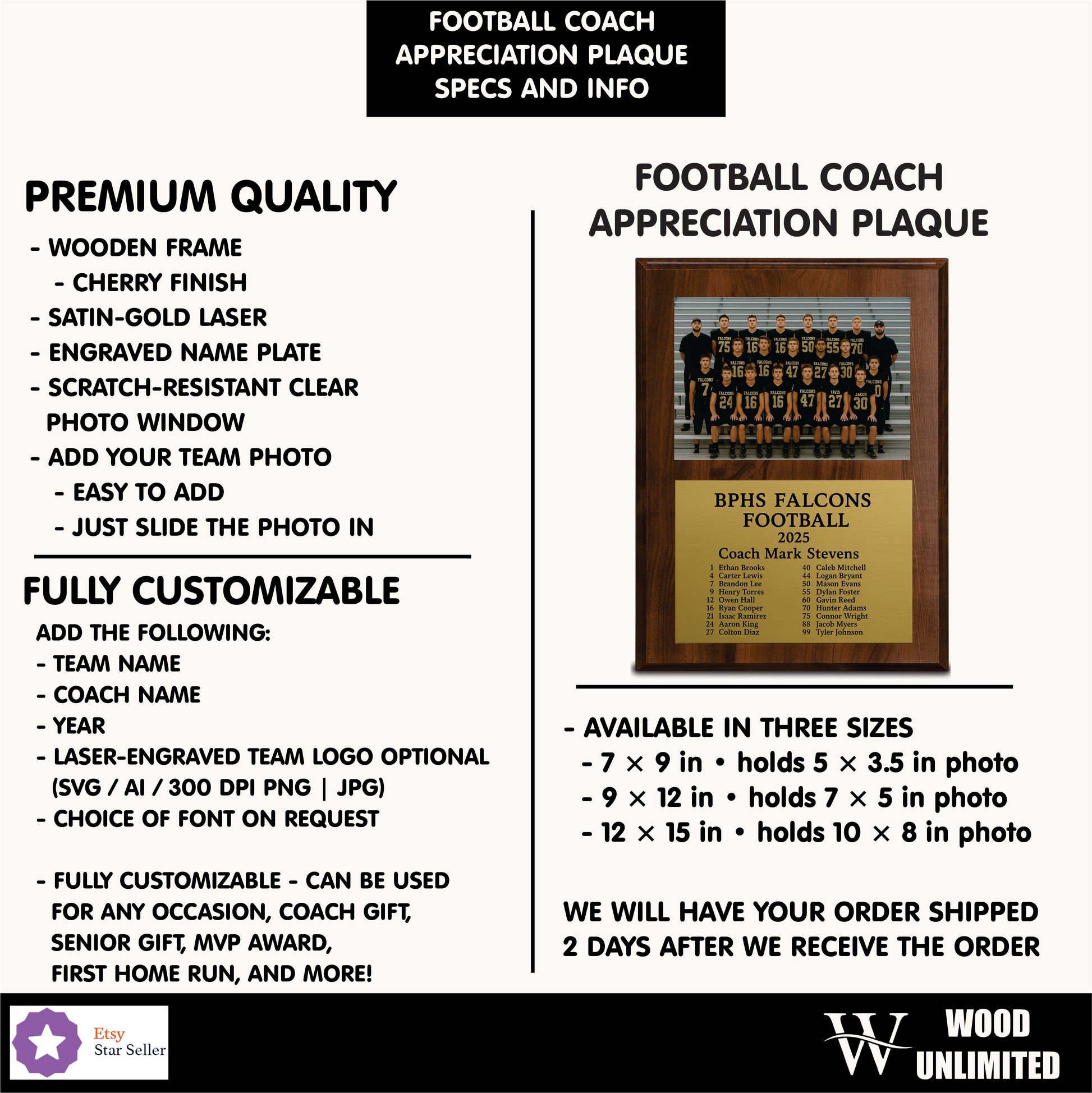 Football coach appreciation plaque with customizable features and Wood Unlimited branding.