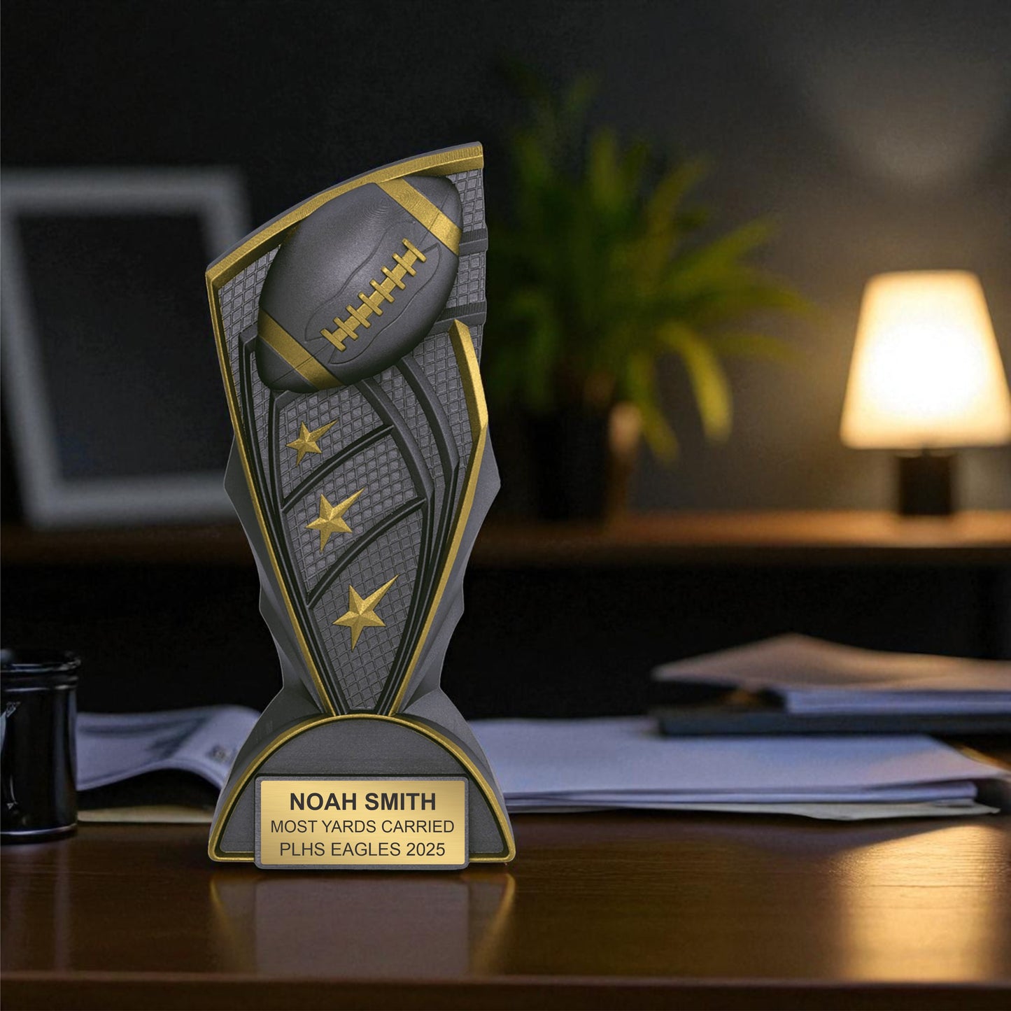 Trophy with football design on a desk in an office setting