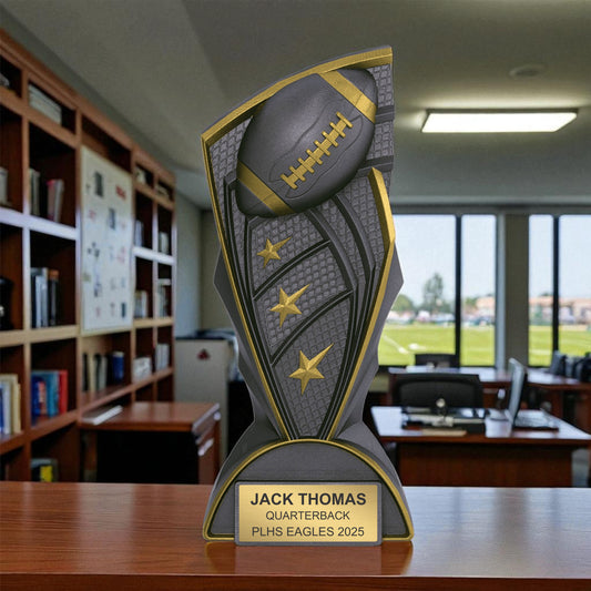 Trophy with football design on a desk in an office setting