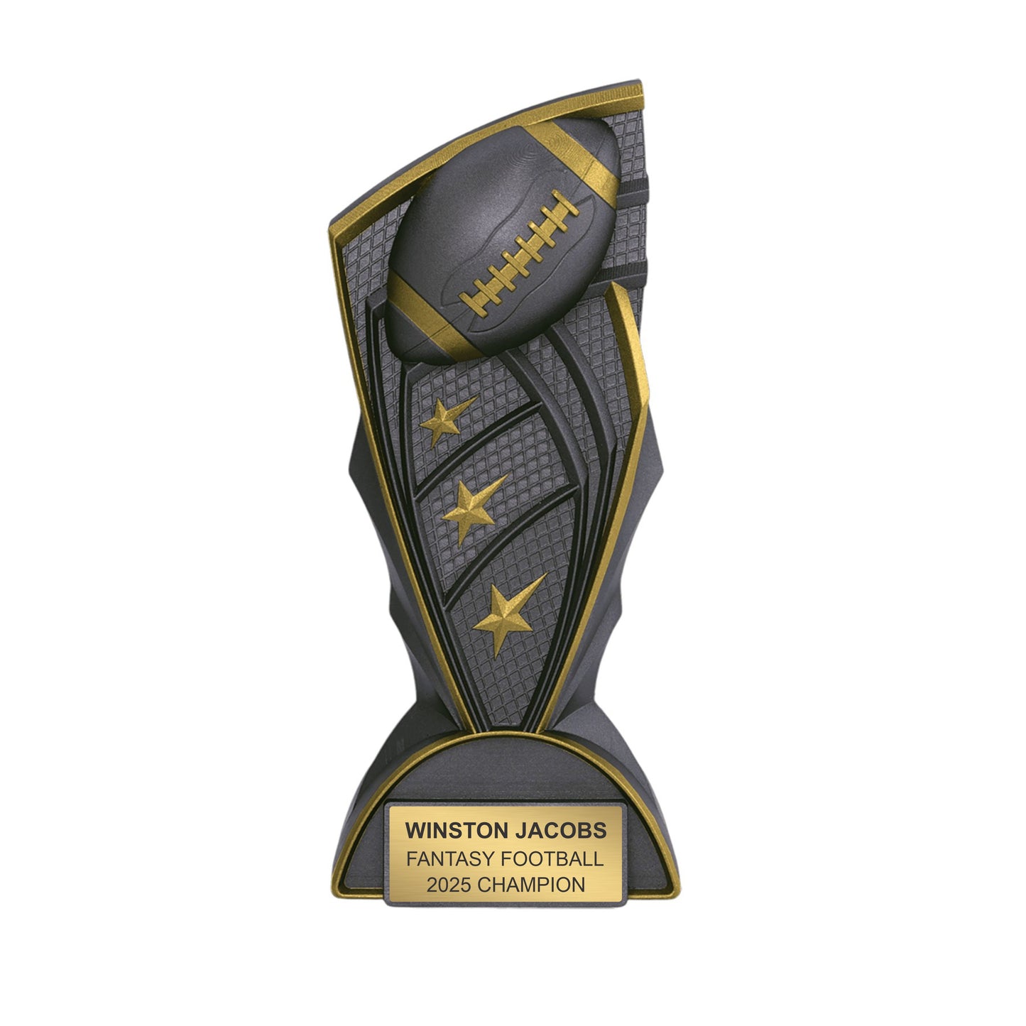 Fantasy football championship trophy with stars and engraved text on a white background