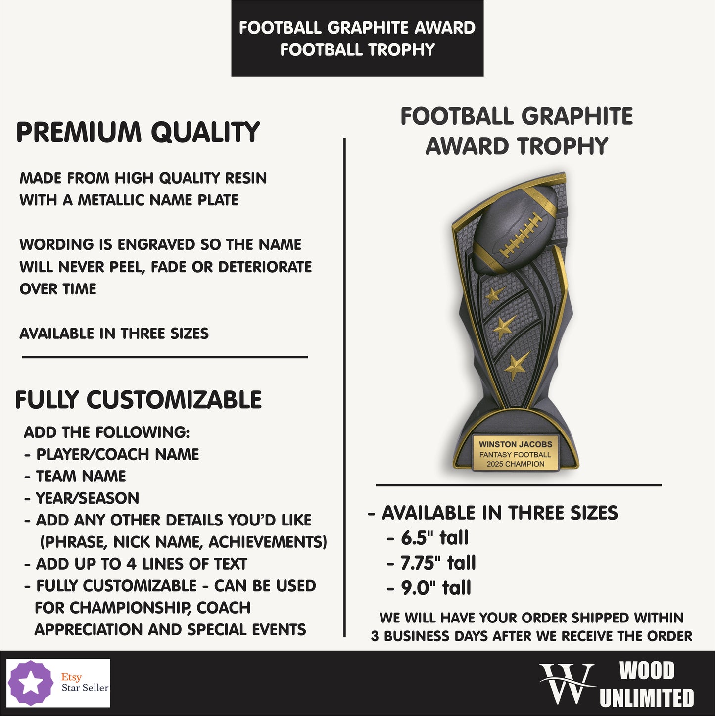 Football Graphite Award Trophy with customization options on a white background