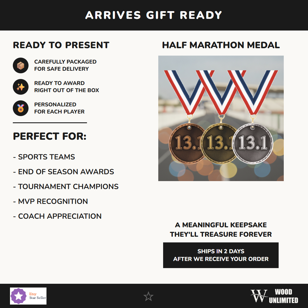 Personalized Half Marathon Medals with Neck Ribbon - Gold Silver Bronze - Custom Engraved