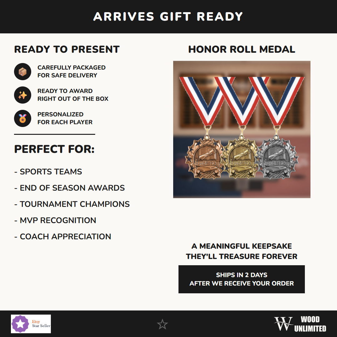Personalized Honor Roll Medals with Neck Ribbon - Gold Silver Bronze - Custom Engraved