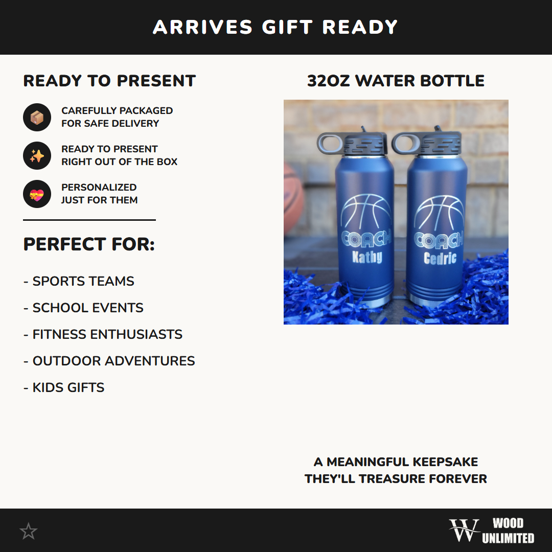 Personalized Basketball Water Bottles - Custom Engraved 32oz Stainless Steel Bottle, Personalized Coach Gift, Retro Design