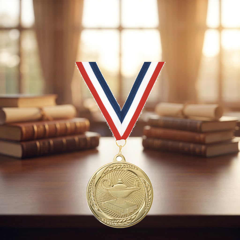 Personalized Lamp of Knowledge Medals with Neck Ribbon - Gold Silver Bronze - Custom Engraved