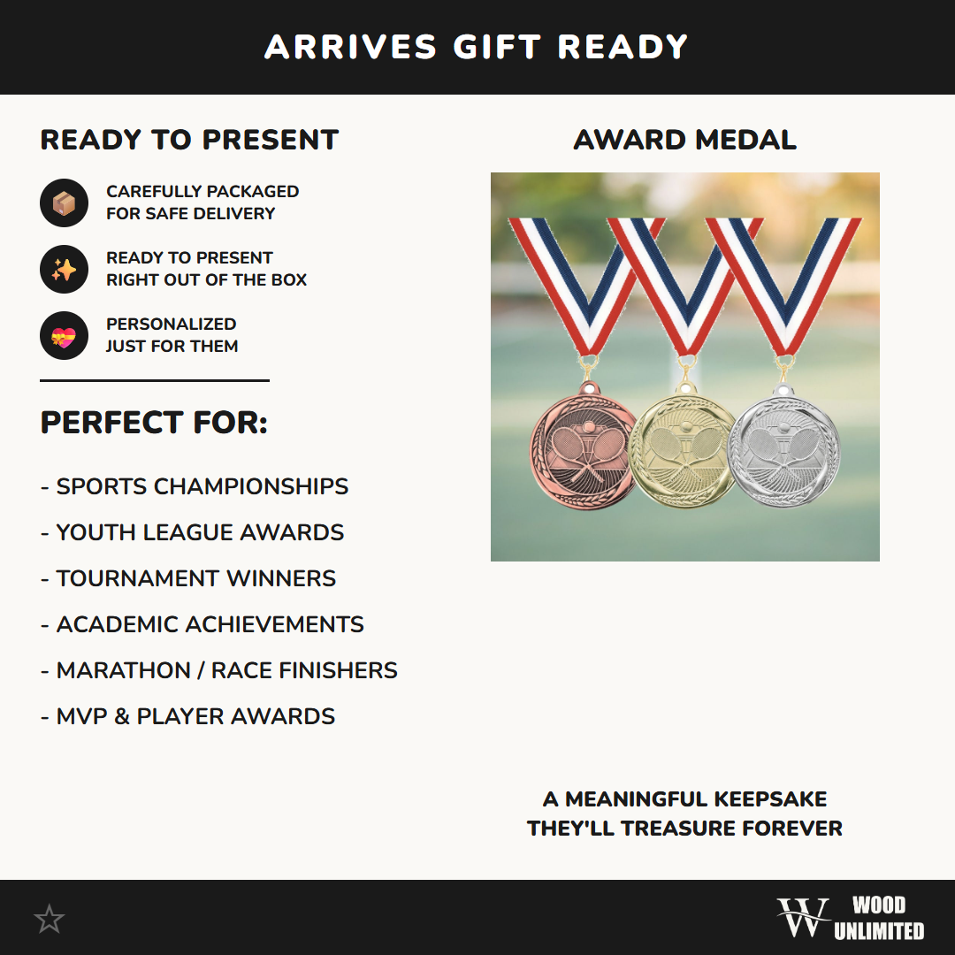 Personalized Tennis Medals with Neck Ribbon - Gold Silver Bronze - Custom Engraved