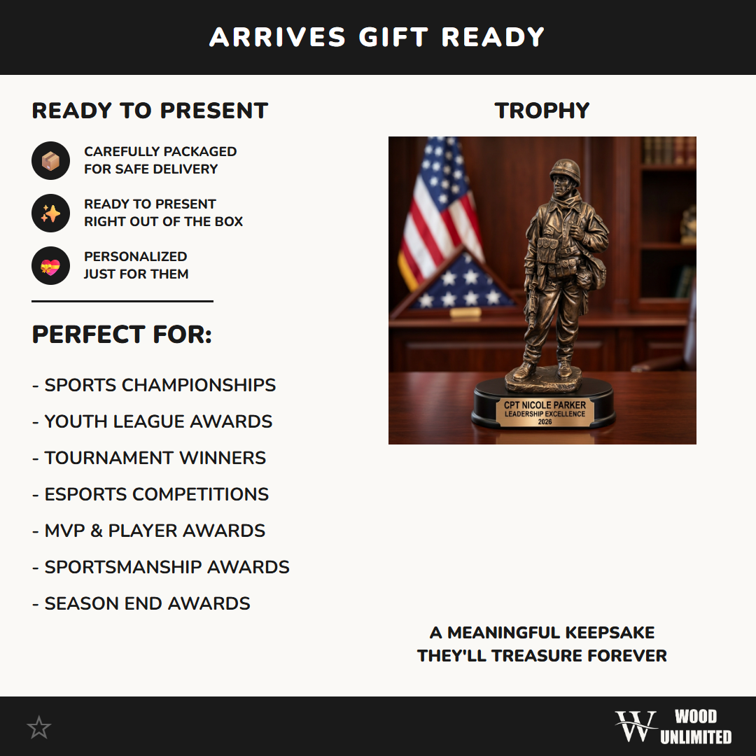 Military Award Trophy - Personalized Army Soldier Figure - Custom Engraved Name Plate - Wood Unlimited