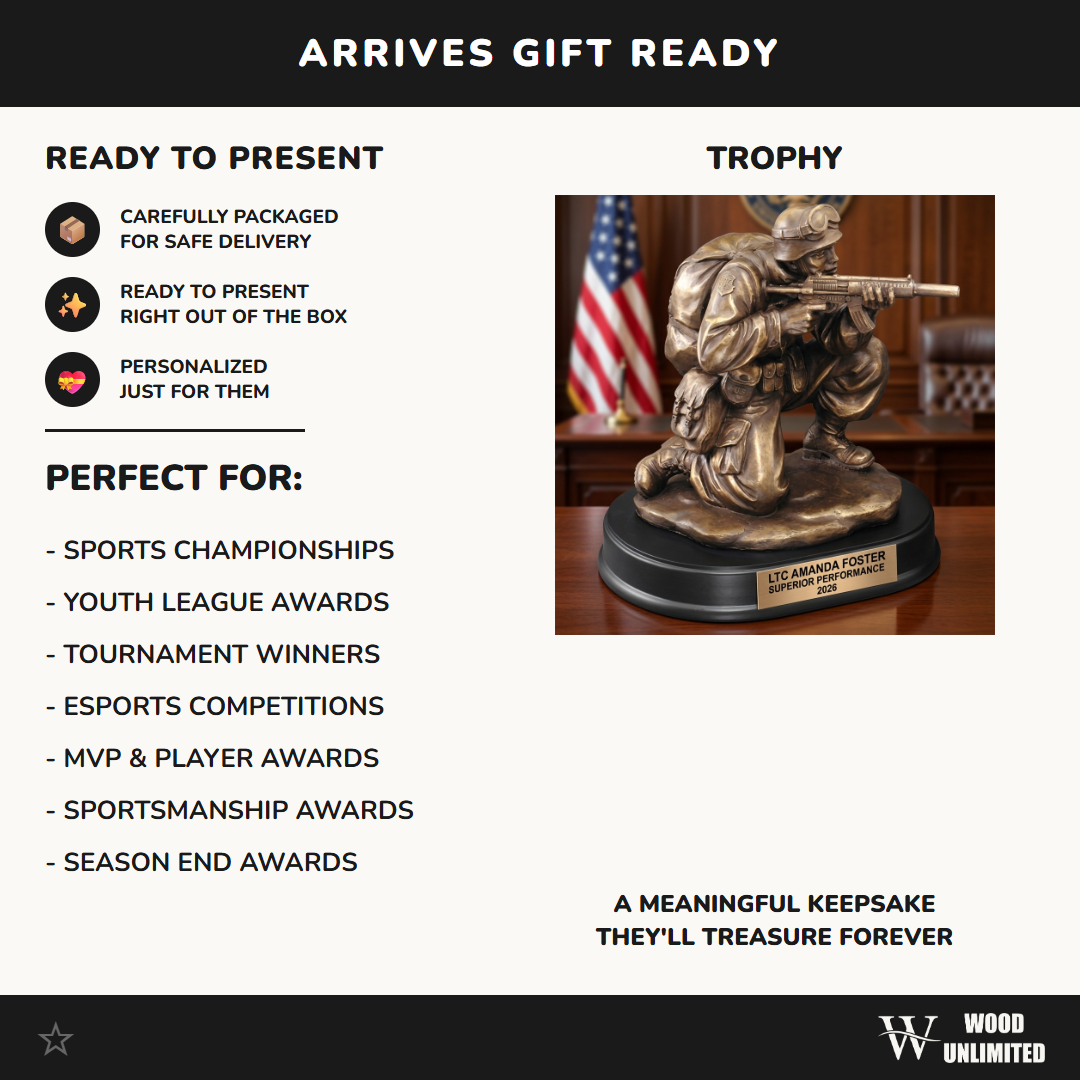 Military Award Trophy - Personalized Soldier Kneeling Rifle - Custom Engraved Name Plate - Service Award