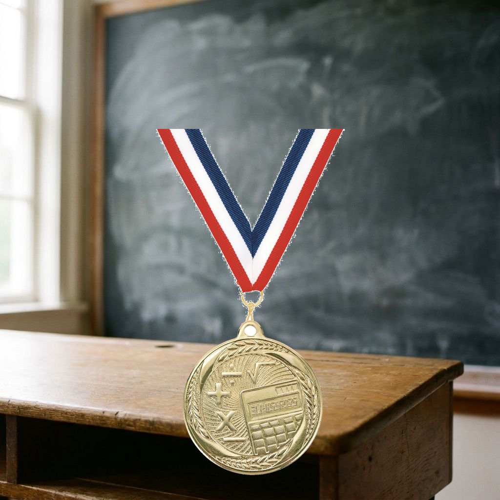Personalized Math Medals with Neck Ribbon - Gold Silver Bronze - Custom Engraved