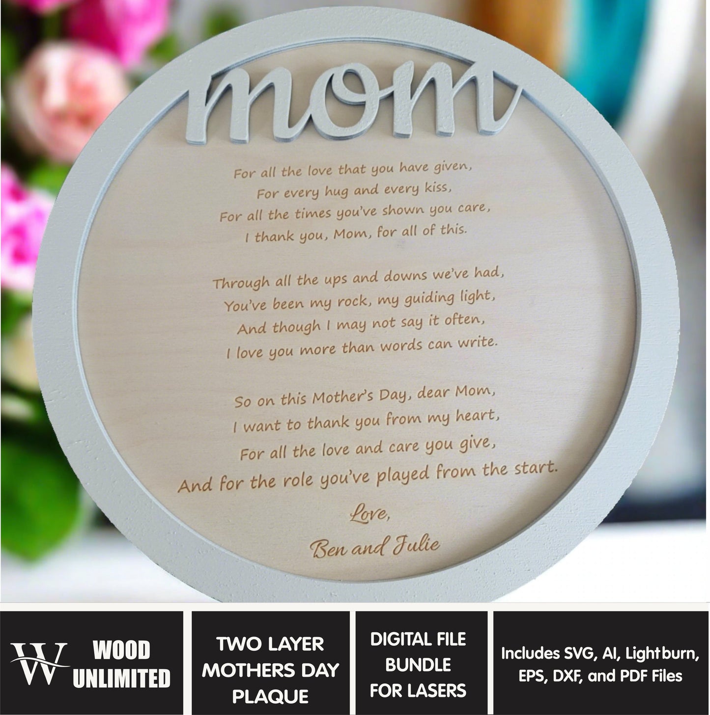 Mother's Day Gift - Plaque Bundle - Lightburn - Omtech - CO2 Lasers File - Glowforge file | Instant Download
