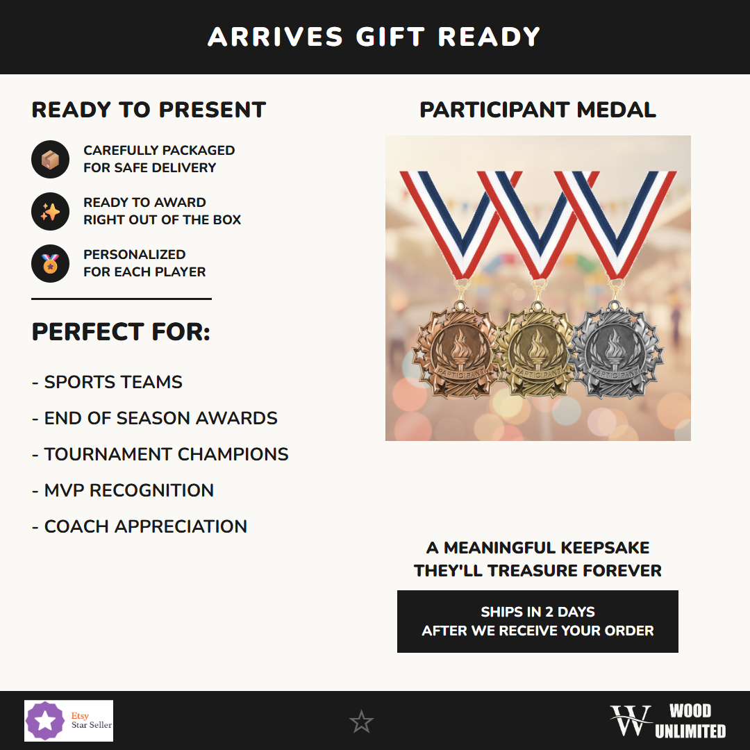 Personalized Participant Medals with Neck Ribbon - Gold Silver Bronze - Custom Engraved