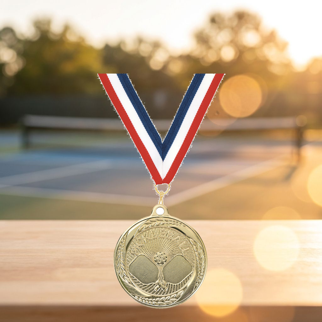 Personalized Pickleball Medals with Neck Ribbon - Gold - Custom Engraved