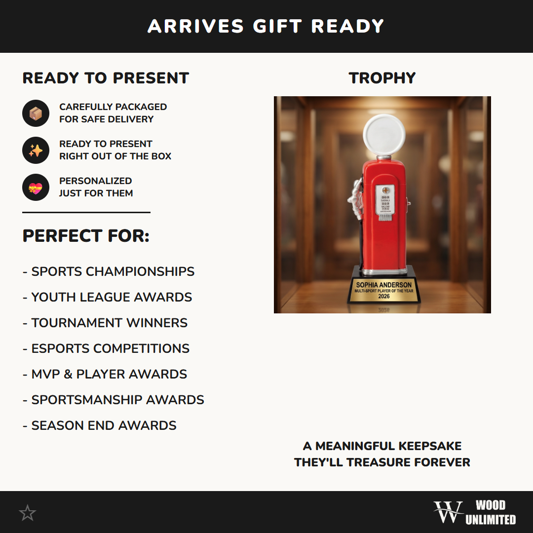Personalized | Multi-Sport Award | Custom Engraved | Trophy | Engraved | Award | Athletic | Team | Champion | Vintage Gas Pump | Custom