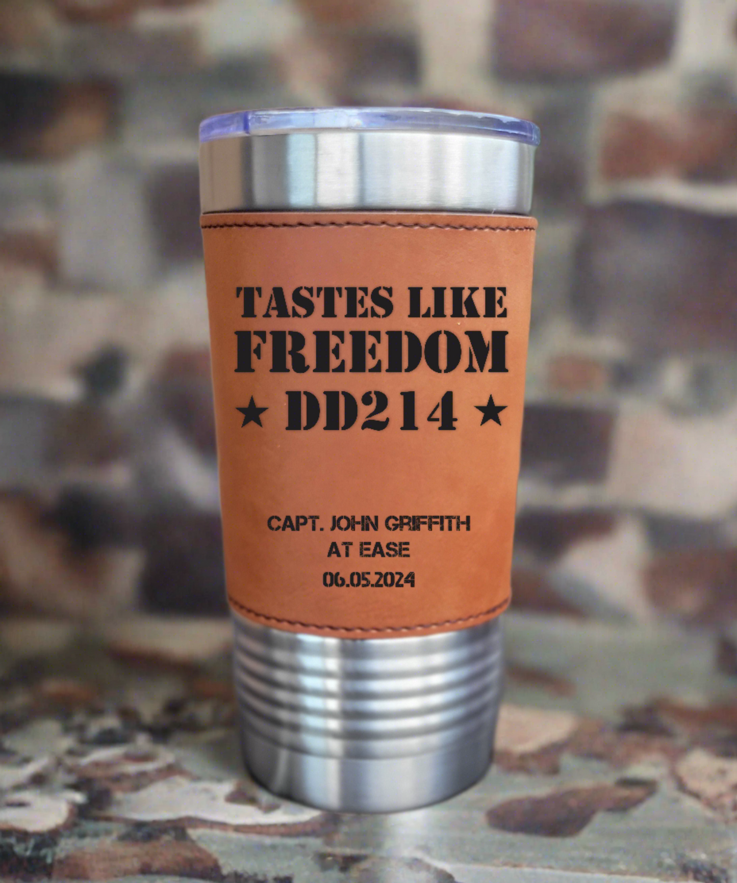 Personalized DD214 Military Retirement Gift - Personalized Leather 20oz Insulated Leatherette Drink Tumbler, Retirement Name Coffee Tumbler