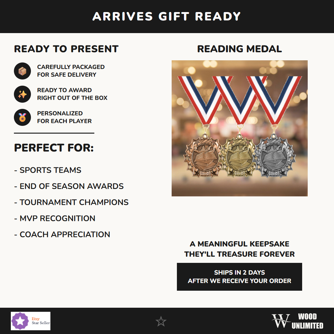 Personalized Reading Medals with Neck Ribbon - Gold Silver Bronze - Custom Engraved